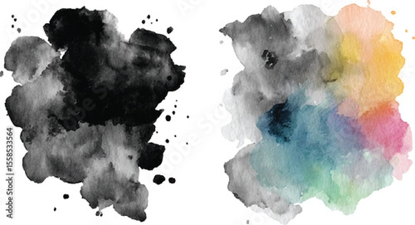 Fototapeta Abstract Watercolor Paint Splashes Black Gray Teal Pink Yellow Green Color Blobs Ink Stains Set Design Elements