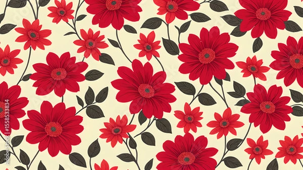 Fototapeta Colorful floral pattern featuring red flowers and leafes on a cream background, elegant and vibrant textile design for home decor or fashion