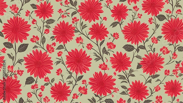 Fototapeta Colorful floral pattern featuring red flowers and leafes on a cream background, elegant and vibrant textile design for home decor or fashion