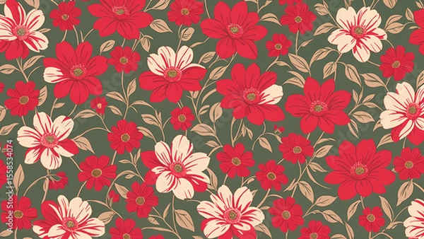 Fototapeta Colorful floral pattern featuring red flowers and leafes on a cream background, elegant and vibrant textile design for home decor or fashion