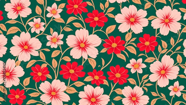 Fototapeta Colorful floral pattern featuring red flowers and leafes on a cream background, elegant and vibrant textile design for home decor or fashion