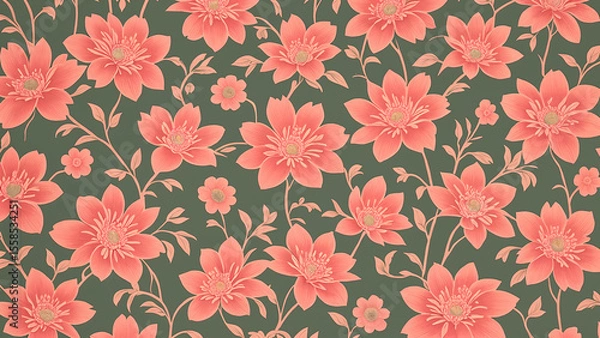 Fototapeta Colorful floral pattern featuring red flowers and leafes on a cream background, elegant and vibrant textile design for home decor or fashion