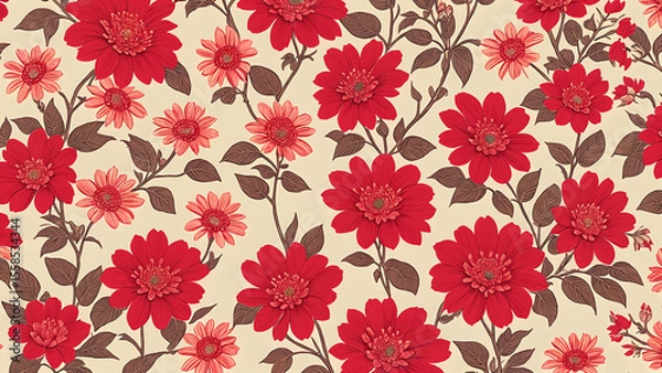 Fototapeta Colorful floral pattern featuring red flowers and leafes on a cream background, elegant and vibrant textile design for home decor or fashion