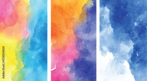 Fototapeta Abstract Watercolor Backgrounds Set of Three Vertical Panels Vibrant Yellow Blue Pink Orange Purple Hues Soft Blends Textured Design Elements