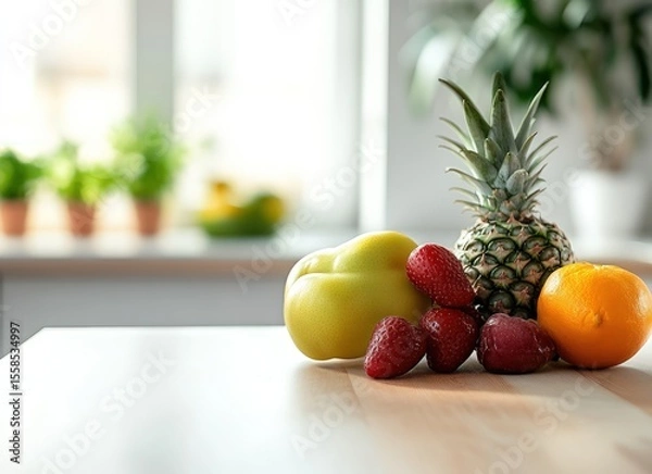 Fototapeta Fresh fruit arrangement on a light wooden counter with a bright kitchen background