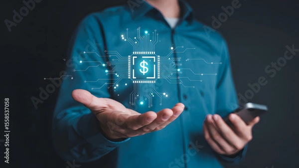 Fototapeta Man holds a digital money processor in his hand representing fintech and future finance, illustrating the convergence of technology and currency.