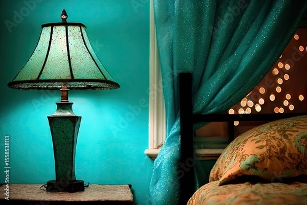 Obraz Turquoise bedroom corner with lamp