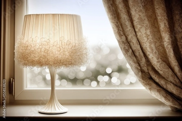 Obraz Cream lamp on windowsill, soft light