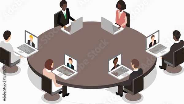 Fototapeta Isometric illustration of people in a virtual meeting around a round table using laptops and video calls