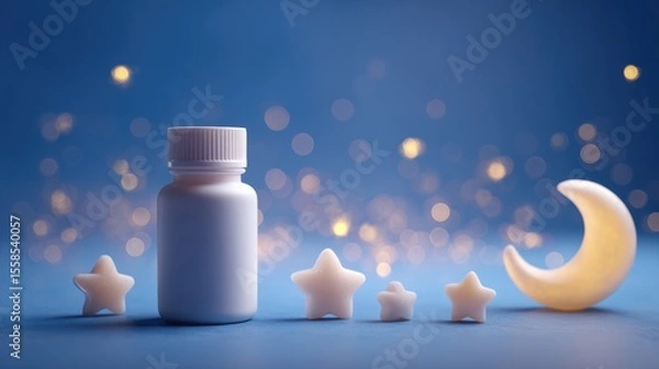 Obraz Melatonin for better sleep. Sleep-themed bottle with stars and moon against a dreamy backdrop.