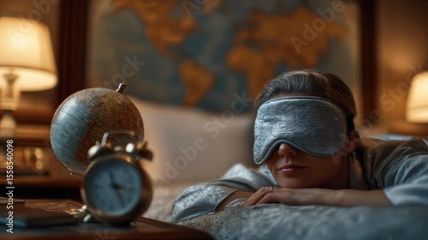 Obraz Melatonin for better sleep. Person resting with an eye mask beside a globe and clock in a cozy bedroom setting.