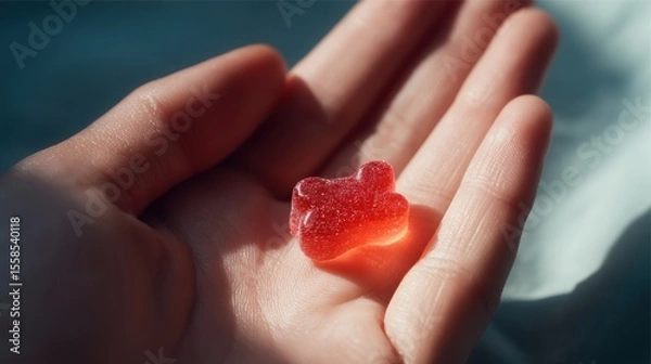 Obraz Melatonin for better sleep. A hand holding a gummy bear candy, with soft lighting emphasizing its texture.