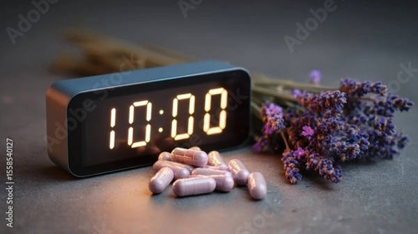 Obraz Melatonin for better sleep. Modern alarm clock with lavender and capsules at 10:00, creating a soothing atmosphere.