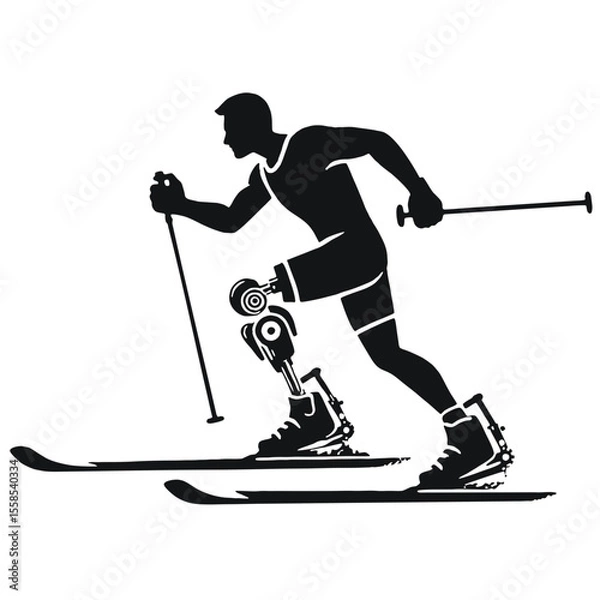 Fototapeta Skier with prosthesis: technological silhouette embodying determination and resilience on snowy slope.