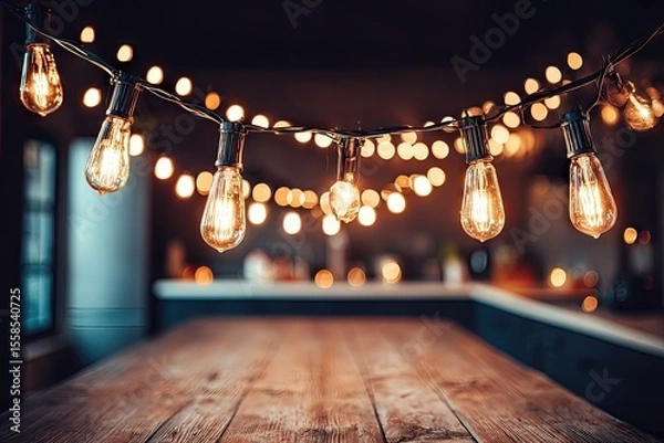 Fototapeta Warm, inviting kitchen with string lights.  Wooden table in foreground.  Blurred background of dark interior.  Soft, warm lighting