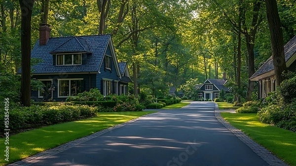 Fototapeta Serene suburban street lined with charming houses amidst lush green trees and sunlight filtering through