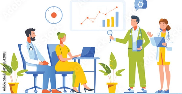 Obraz Doctors in a meeting discussing data with a chart and laptop in a bright and modern office setting