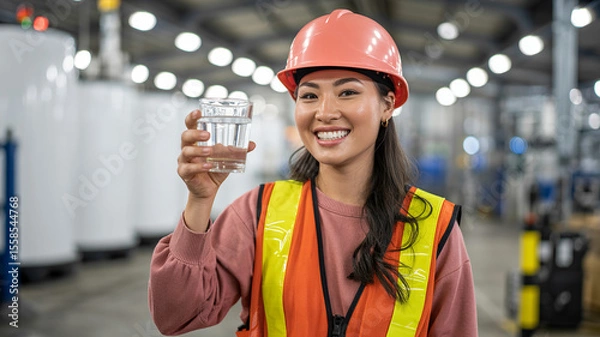 Fototapeta Water Quality Inspection: A confident industrial worker, adorned in safety gear, holds up a glass of clear, pristine water, showcasing commitment to quality in an industrial setting.