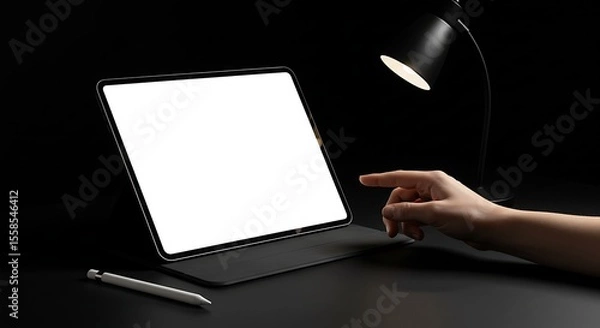 Fototapeta Modern tablet mockup with stylus pen and a hand tapping the screen on dark background