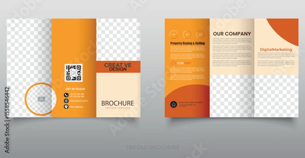 Obraz Orange trifold brochure, flyer template. Fully editable layout with placeholders for images and text.