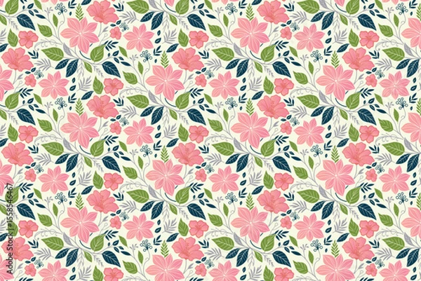 Obraz floral repeat layout featuring outlined leaf arrangements and cotton flower heads in seamless design for kitchen accessories and table top

