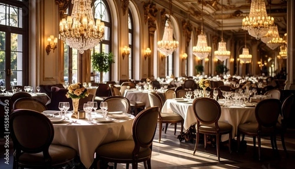 Fototapeta Elegant Ballroom Luxury dining tables set with chandeliers with ready for event.