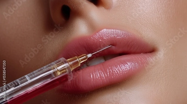 Fototapeta Cosmetic procedures. Close-up of lips filler with a syringe for cosmetic procedures.