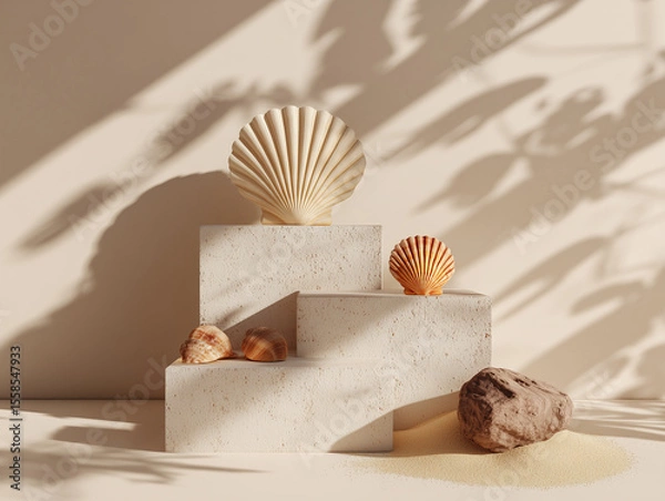 Fototapeta Minimalist summer podium with sand texture base and sunlit shadows, decorated with seashells and driftwood, clean layout
