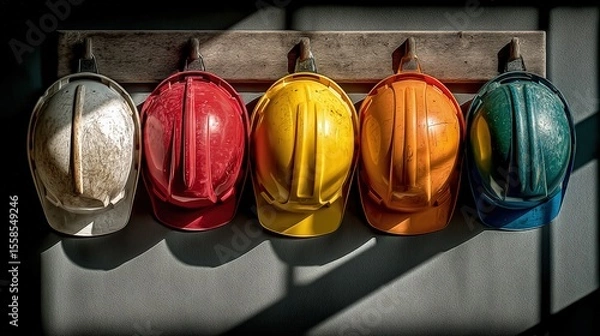 Fototapeta Colorful Safety Helmets and Gear in Construction Site Office Display