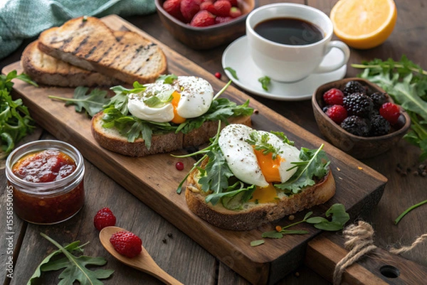 Fototapeta Rustic Brunch Flatlay: Poached Eggs on Sourdough Toast with Arugula
