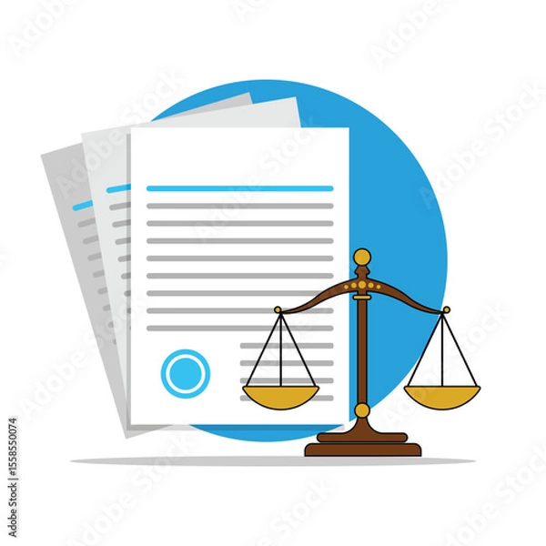Obraz Paper Document with Scale of Justice Vector Illustration. Advocacy Element Concept Design.