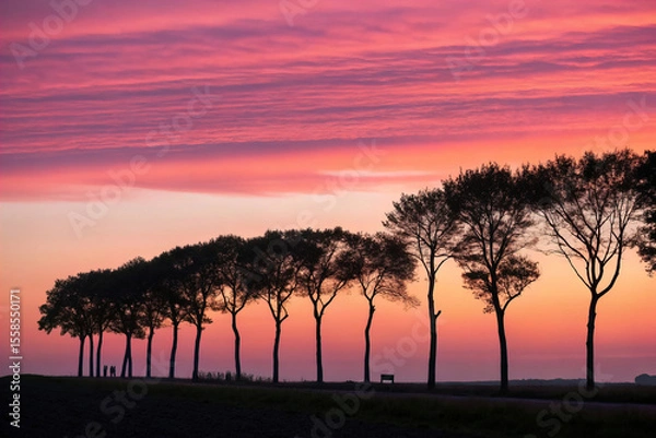 Fototapeta Silhouetted Trees in a Row Against a Pink and Orange Sunset