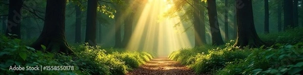 Fototapeta Sunbeams Illuminate Mysterious Forest Path, Inviting Exploration and Adventure Deep Within Lush Woods