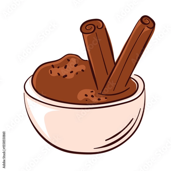 Fototapeta Bowl filled with cinnamon powder and stick in flat style isolated on white background. Perfect for spice, herb, cooking and recipe book design.