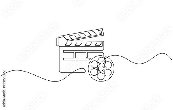 Fototapeta Continuous line drawing of retro old classic movie board clapper and film reel, Movie scene episode production concept. Vector illustration isolated on white.