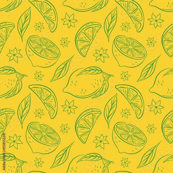 Fototapeta Line art style seamless pattern with lemon, flower and leaf on yellow background. Citrus print for kitchen wallpaper in hand drawn style for summer design.