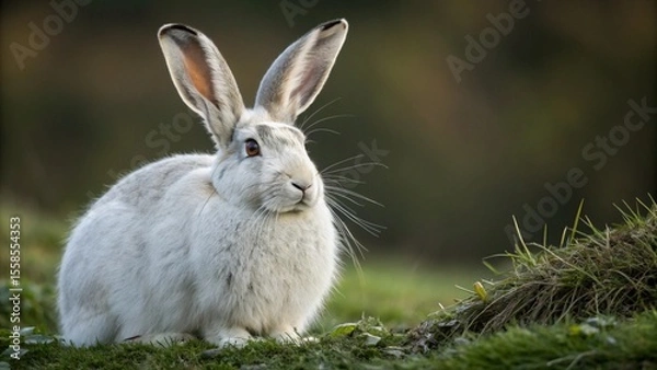 Fototapeta A cute, fluffy white bunny on a meadow of green grass a British Giant rabbit playing in the garden high quality image