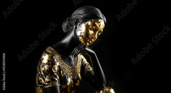 Fototapeta Elegant sculpture of a serene woman with golden accents in a contemplative pose against a dark background, showcasing artistry and beauty in design.