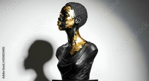 Fototapeta Elegant black and gold bust sculpture of a woman showcasing beauty and artistic craftsmanship with intricate detailing and striking contrast against a backdrop