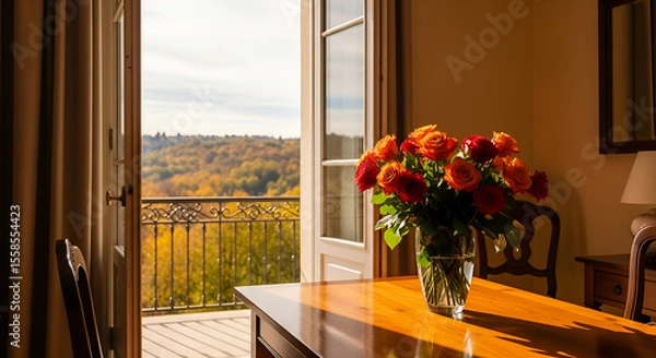 Fototapeta Cozy indoor scene with colorful roses in a vase on the table overlooking a scenic autumn view through an open window
