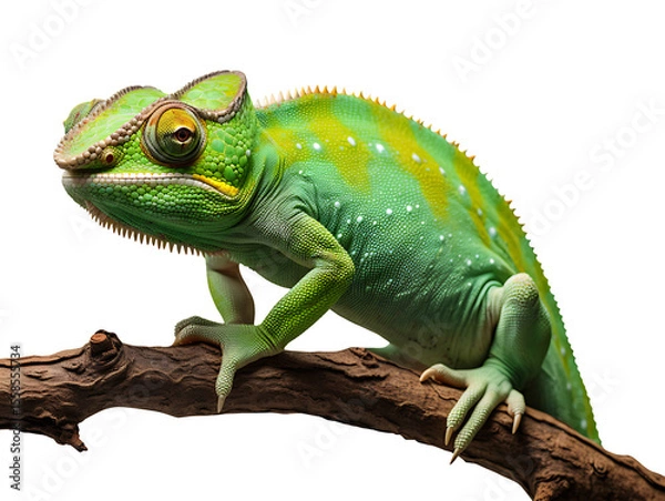 Fototapeta Green chameleon on branch isolated on a transparent background