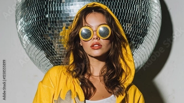 Fototapeta Superhero in lightning glasses under a colossal New Year disco ball shadow on a vibrant white canvas, party energy