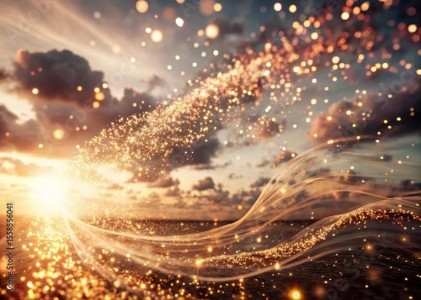 Fototapeta Glittering particles swirl in a mesmerizing dance across the sky at sunset