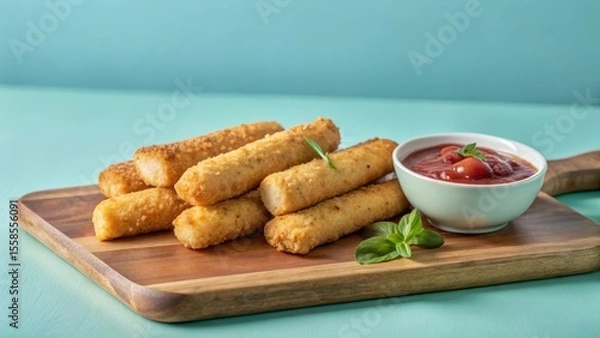 Fototapeta Crispy Mozzarella Sticks on Wooden Board with Marinara Sauce