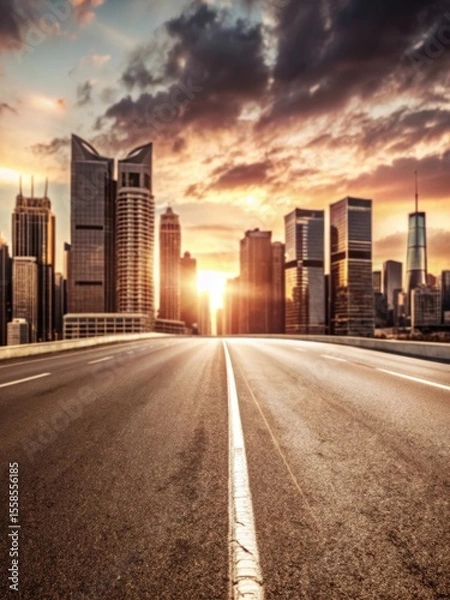 Fototapeta Abandoned asphalt road at dusk with a futuristic cityscape and sleek skyscrapers