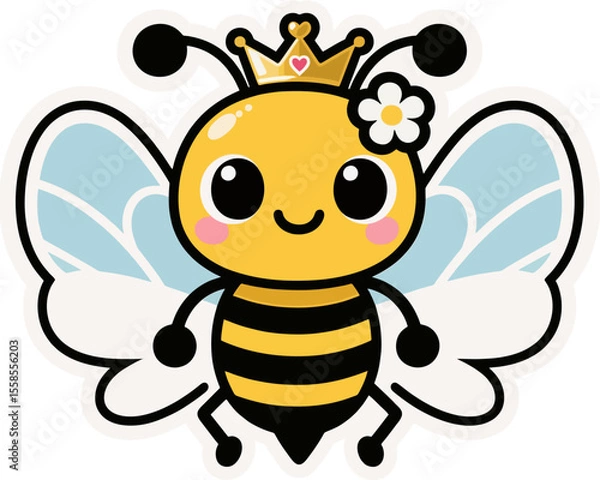 Obraz Cute Queen Bee Cartoon with Crown and Flower – Adorable Flying Bee Character for Kids and Nursery Art