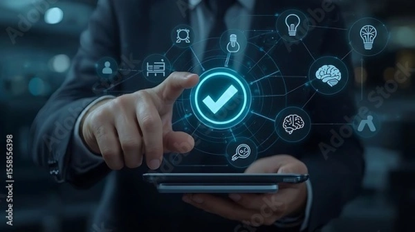 Fototapeta A businessman interacting with a digital interface with checkmark, brains, and lightbulb icons displayed