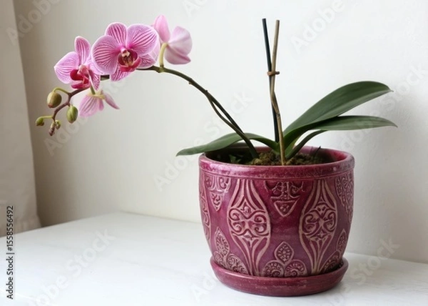 Fototapeta Exotic pink orchid blooms in a dark pink ceramic pot with intricate patterns