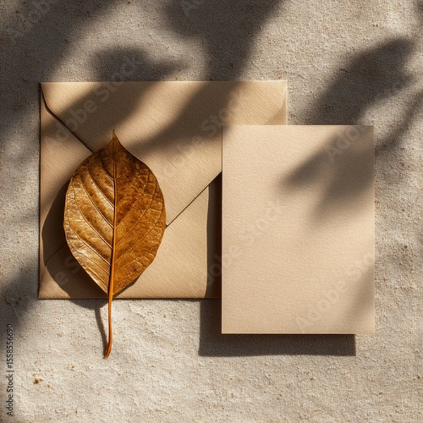 Fototapeta Kraft envelope with blank card and dried leaf in sunlight showing natural stationery minimal design and warm paper texture aesthetic