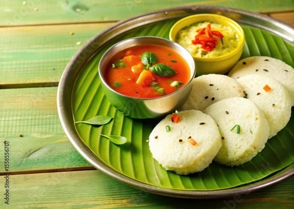 Fototapeta Rava Idli with steaming hot sambar and chunney on a wooden table
